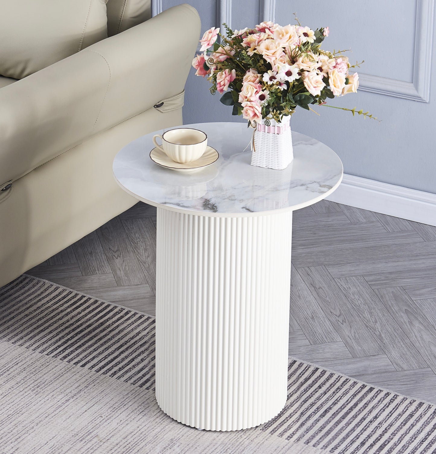 GUERIDON VALMY PIED BEIGE CERAMIQUE MARBRE GRIS 50CM