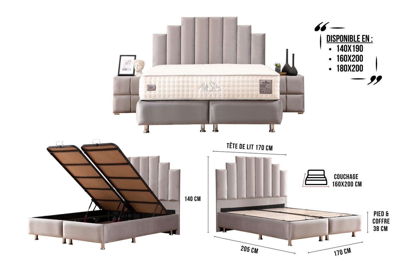 LIT COFFRE NATURA GRIS 160x200cm