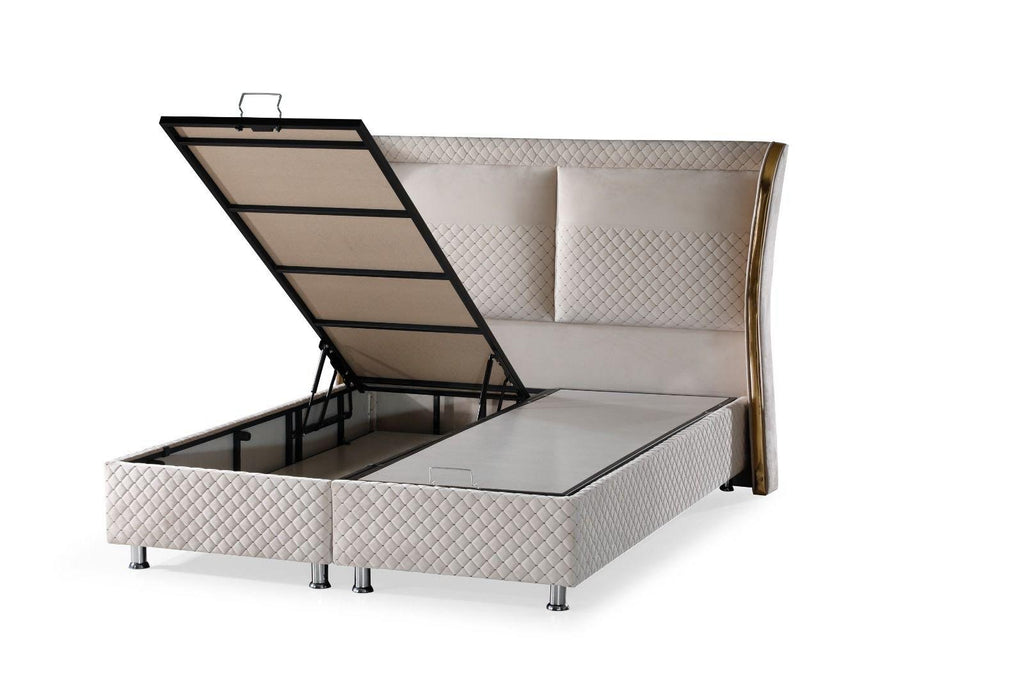 Lit LYNDA coffre velours taupe bordure doré 160x200cm