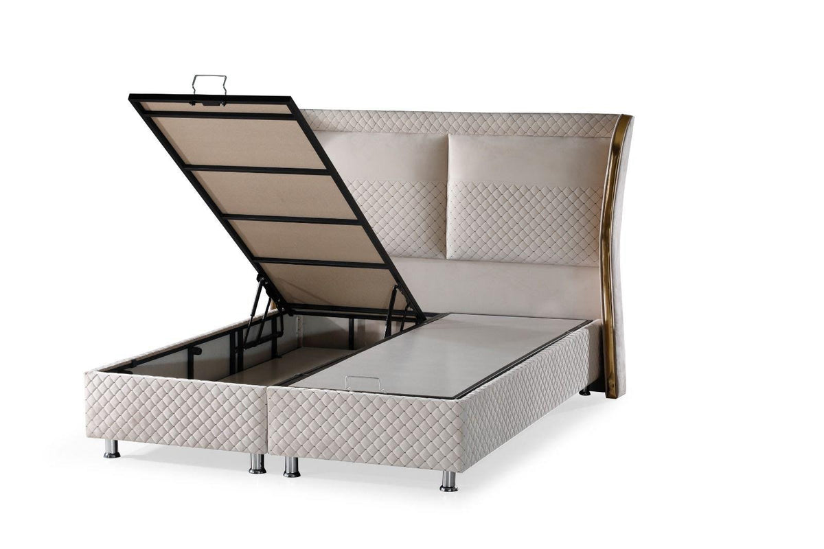 Lit LYNDA coffre velours taupe bordure doré 160x200cm