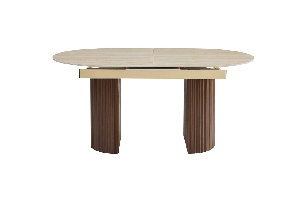 Table extensible Sahara – Pied effet noyer &amp; plateau céramique travertin mat