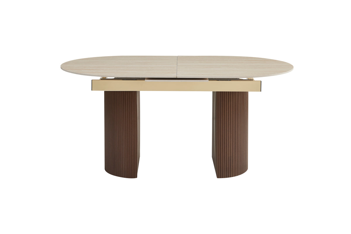 Table extensible Sahara – Pied effet noyer &amp; plateau céramique travertin mat