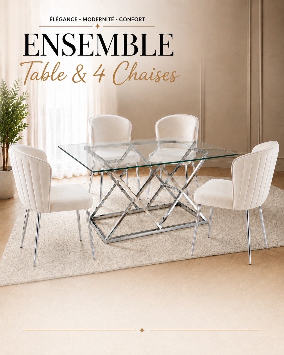 PACK-TRIANGLE – Table repas Triangle 180 cm + 4 chaises Diana