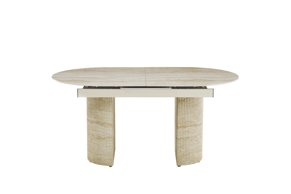 Table extensible Sahara – Pied effet travertin &amp; plateau céramique travertin brillant