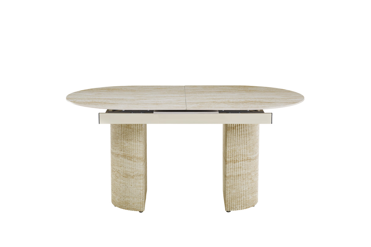 Table extensible Sahara – Pied effet travertin &amp; plateau céramique travertin brillant