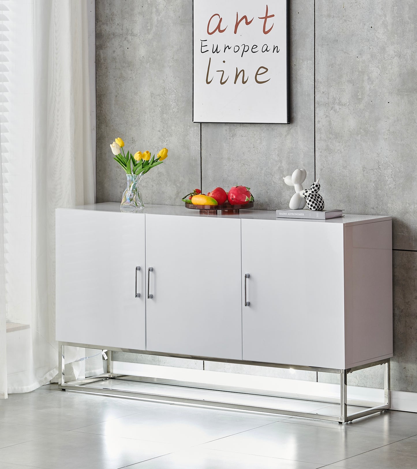 BUFFET ALYA BOIS LAQUE BLANC PIEDS CHROME