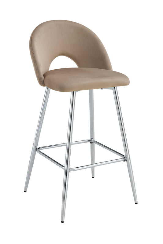 TABOURET DE BAR TEDDY PIED CHROME VELOURS TAUPE