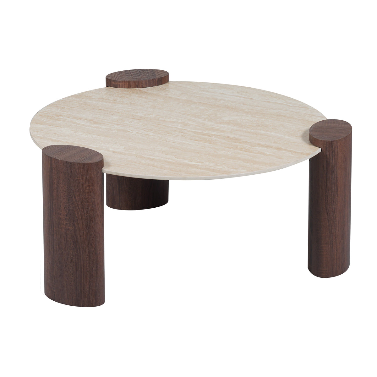 Table basse Triquetra – Alliance du noyer et du travertin mat