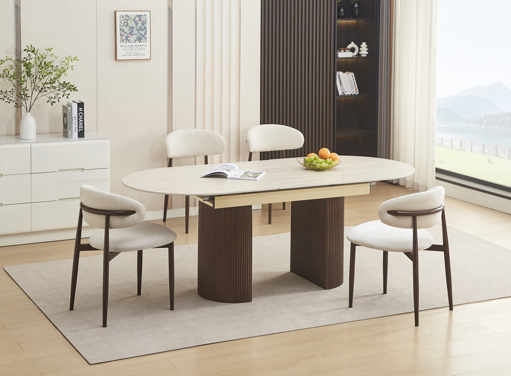 Table extensible Sahara – Pied effet noyer &amp; plateau céramique travertin mat