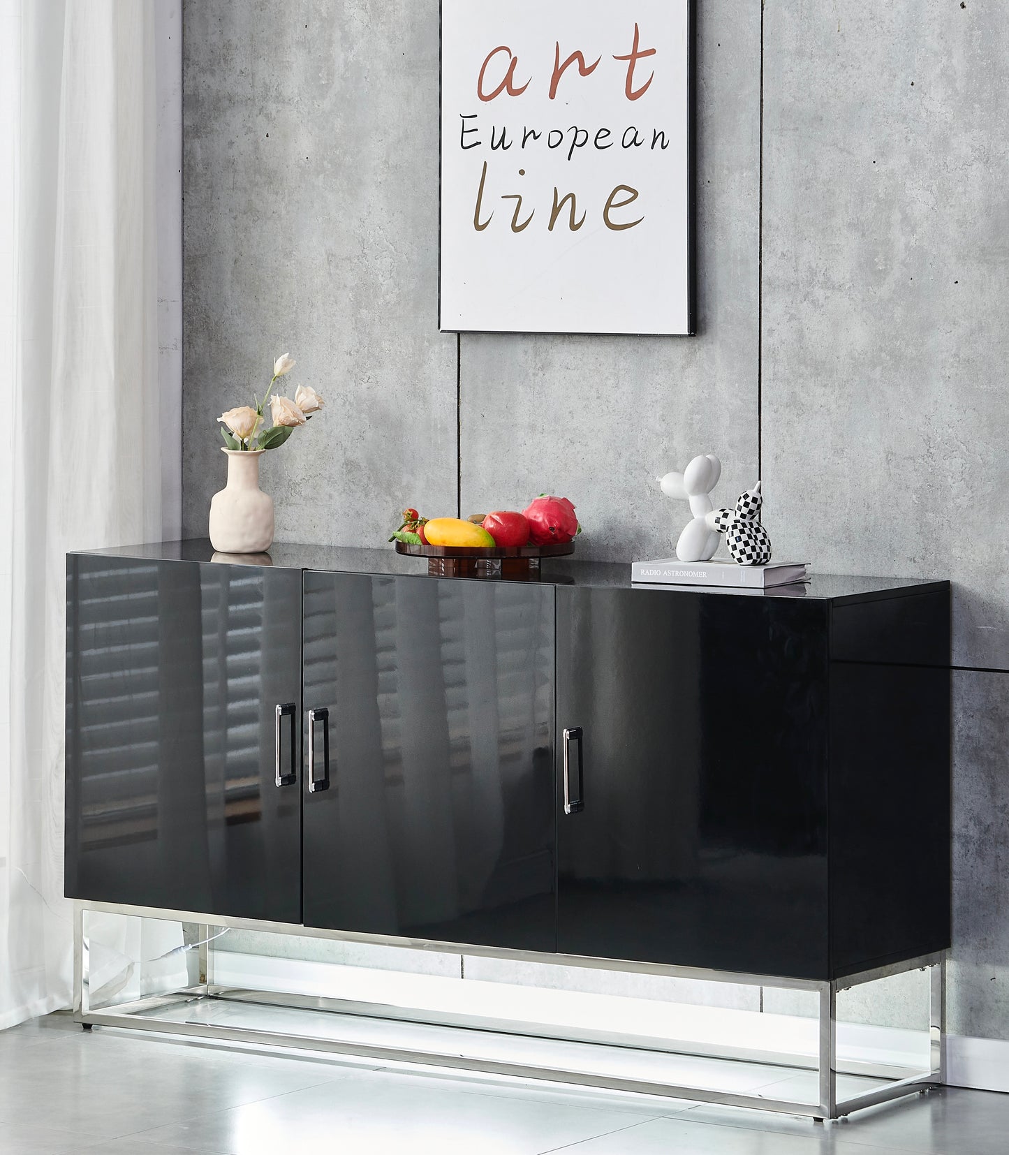 BUFFET ALYA BOIS LAQUE NOIR PIEDS CHROME