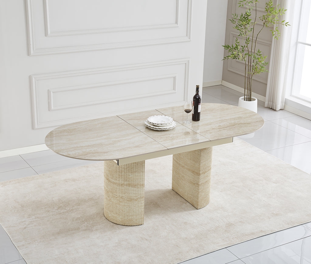 Table extensible Sahara – Pied effet travertin &amp; plateau céramique travertin brillant