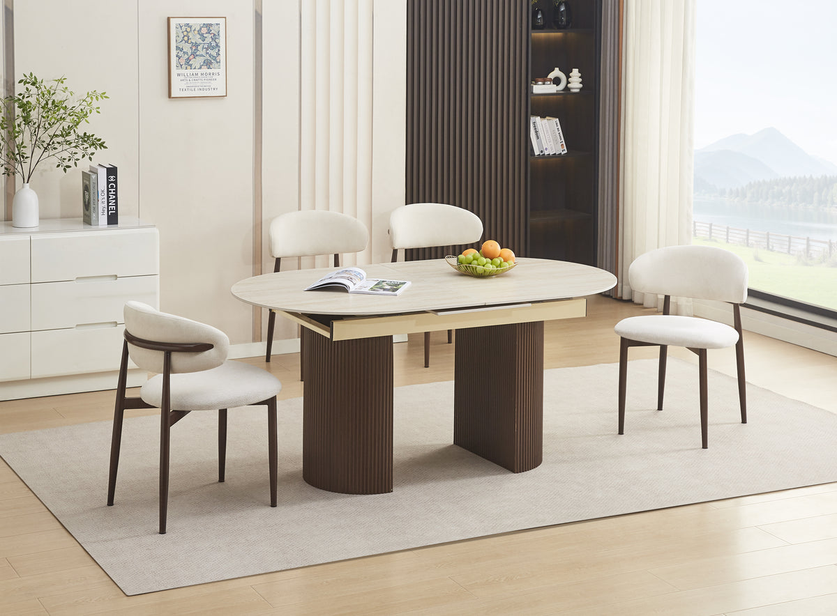 Table extensible Sahara – Pied effet noyer &amp; plateau céramique travertin mat