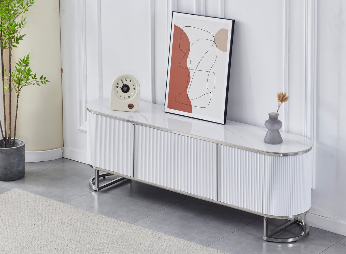 MEUBLE TV ESMEE ARGENT CERAMIQUE MARBRE BLANC GRIS