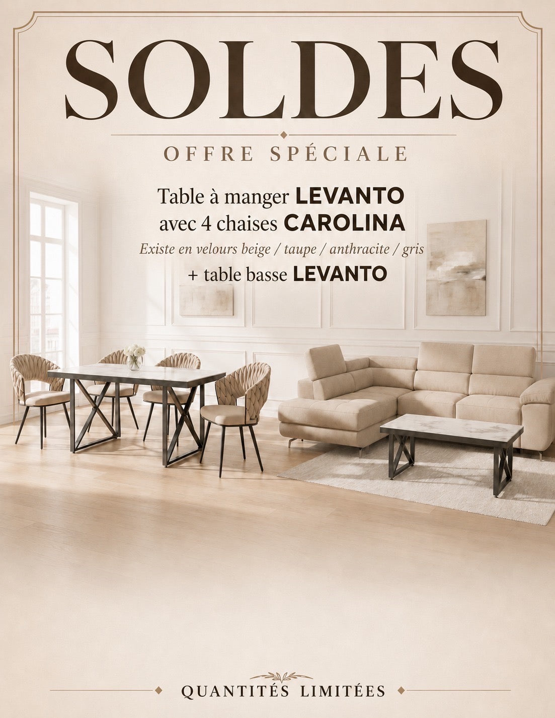 PACK-LEVANTO – Table repas 180 cm + 4 chaises Carolina + table basse Levanto