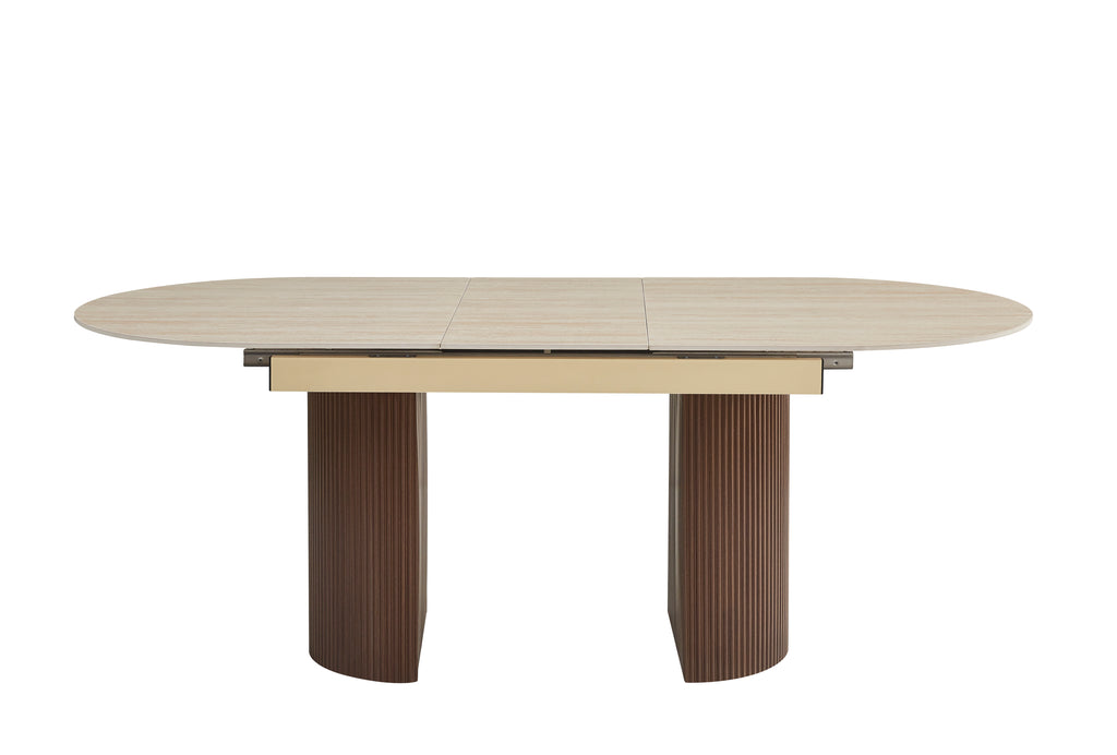 Table extensible Sahara – Pied effet noyer &amp; plateau céramique travertin mat