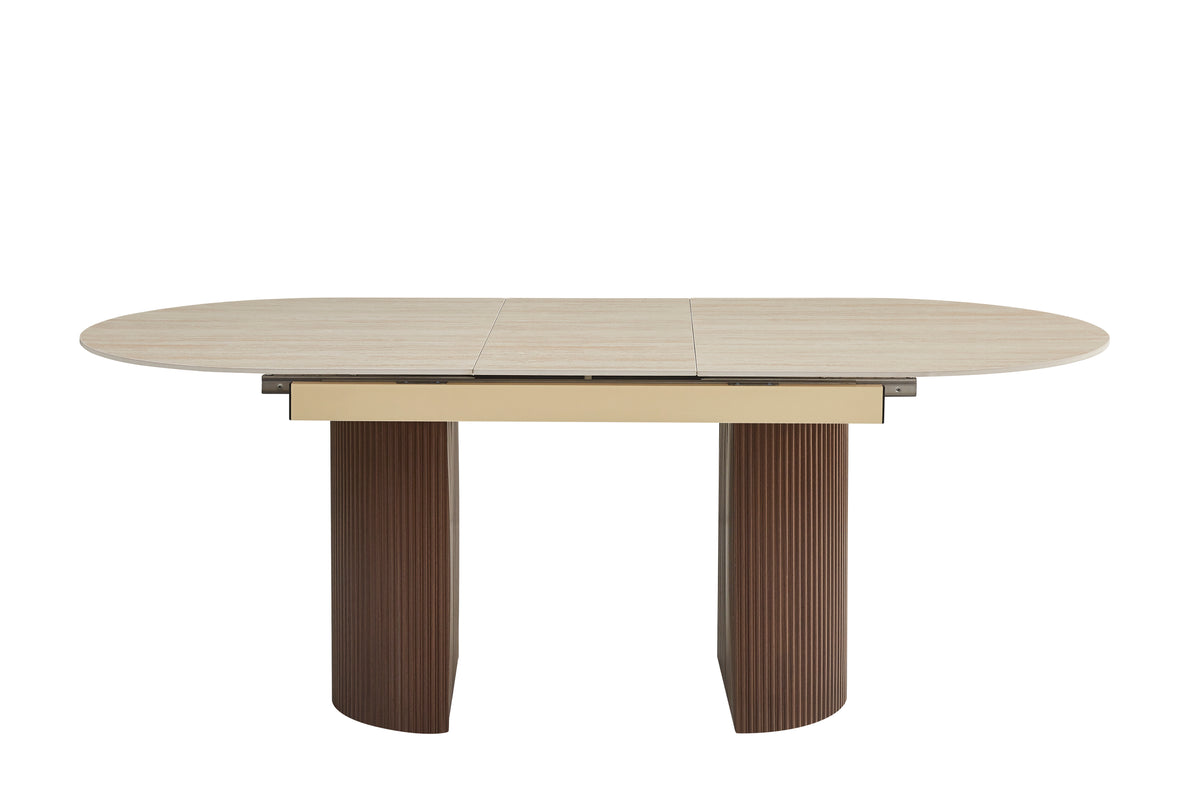 Table extensible Sahara – Pied effet noyer &amp; plateau céramique travertin mat