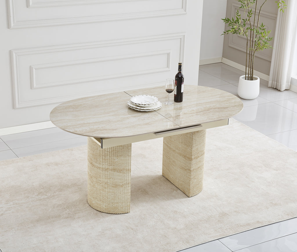 Table extensible Sahara – Pied effet travertin &amp; plateau céramique travertin brillant