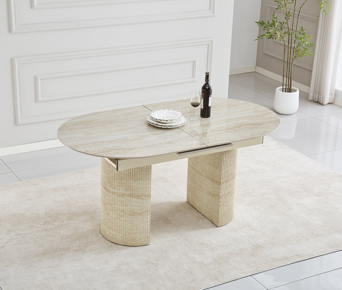 Table extensible Sahara – Pied effet travertin &amp; plateau céramique travertin brillant