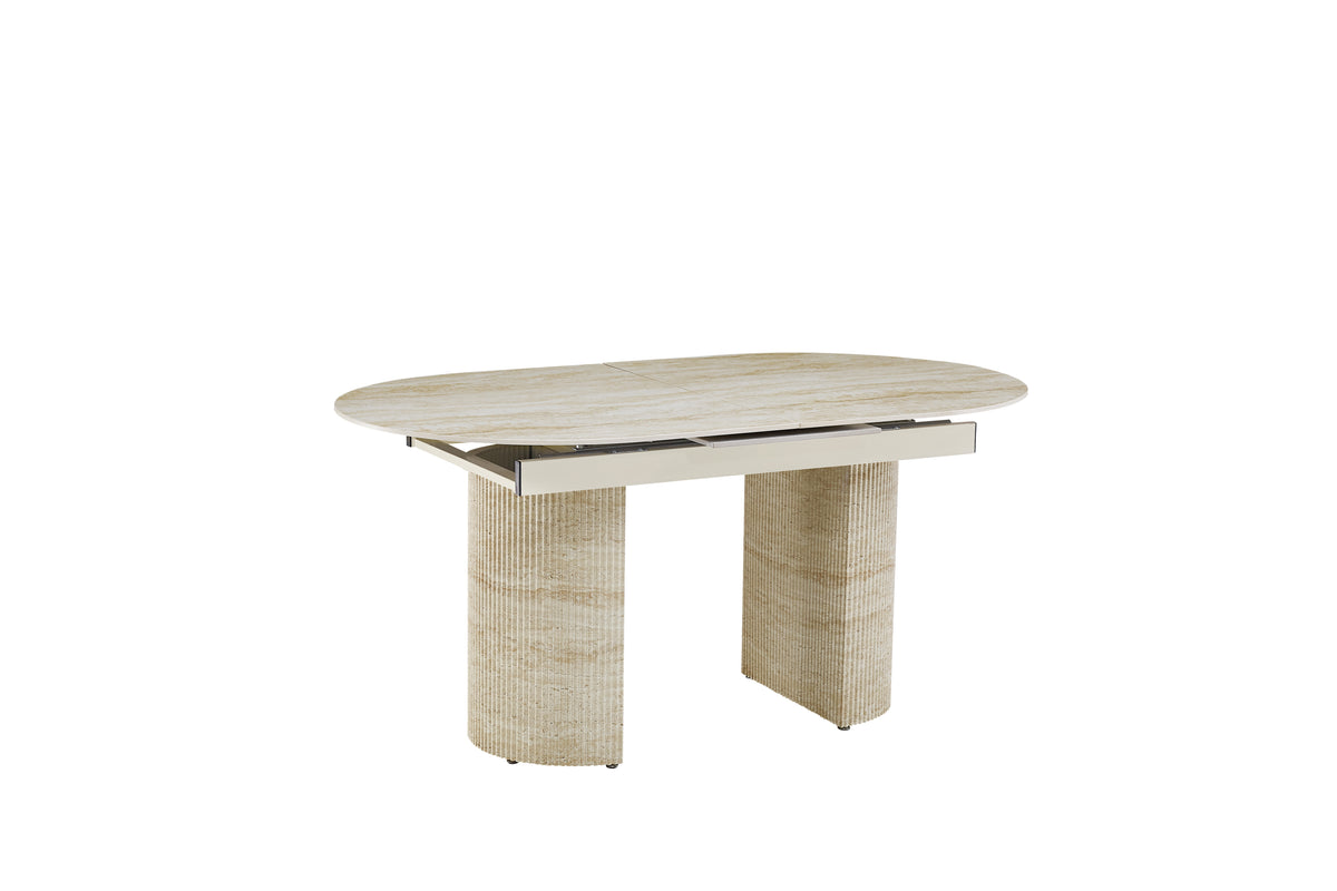 Table extensible Sahara – Pied effet travertin &amp; plateau céramique travertin brillant