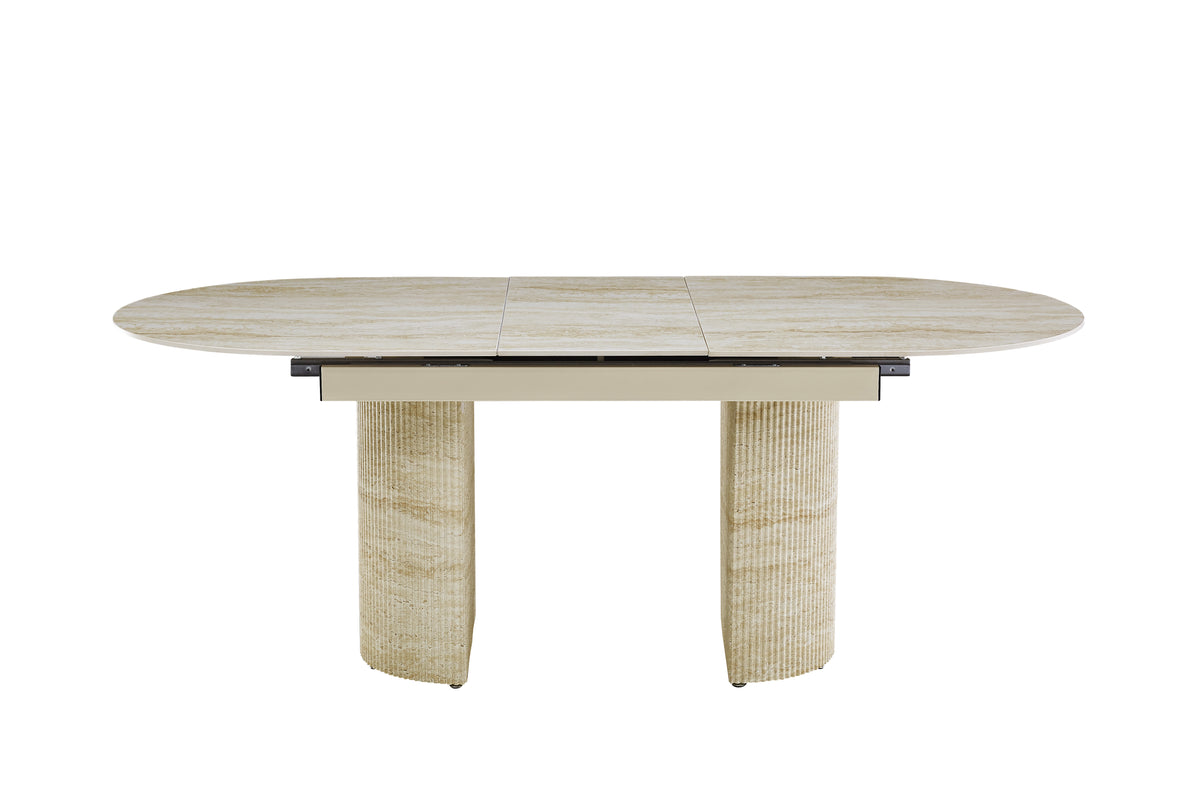 Table extensible Sahara – Pied effet travertin &amp; plateau céramique travertin brillant