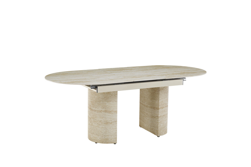 Table extensible Sahara – Pied effet travertin &amp; plateau céramique travertin brillant