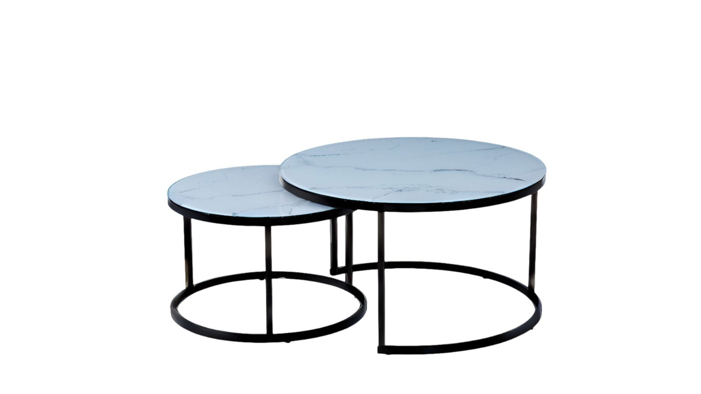 Lot de 2 tables Basses Gigogne ARTO métal noir et plateau en verre #couleur_marbré-blanc