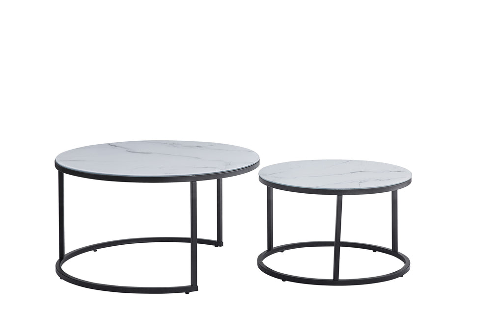 Lot de 2 tables Basses Gigogne ARTO métal noir plateau effet marbre blanc
