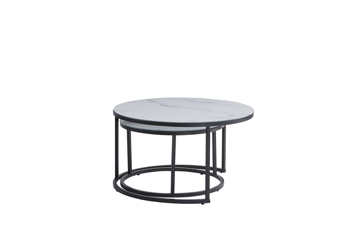 Lot de 2 tables Basses Gigogne ARTO métal noir plateau effet marbre blanc