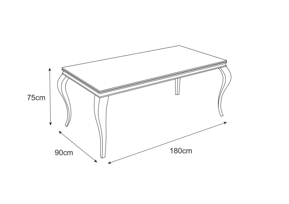 Table à manger BAROQUE 6 à 8 couverts pieds gold plateau en verre 180x90 cm