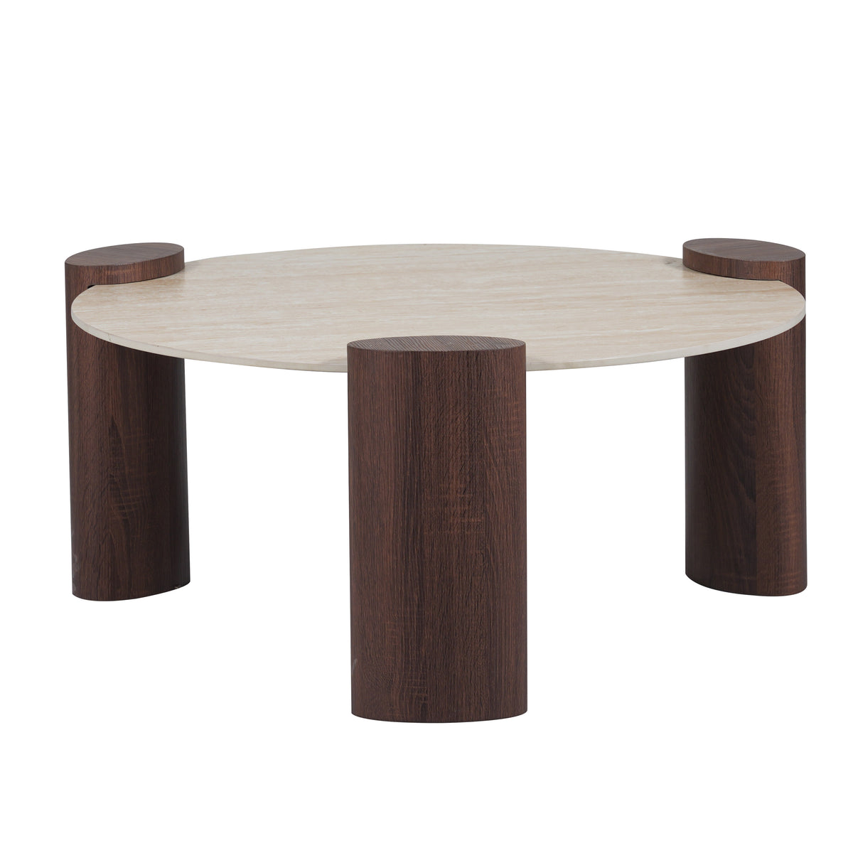 Table basse Triquetra – Alliance du noyer et du travertin mat