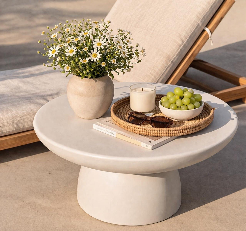 Table basse Galet – Effet travertin mat, design sculptural