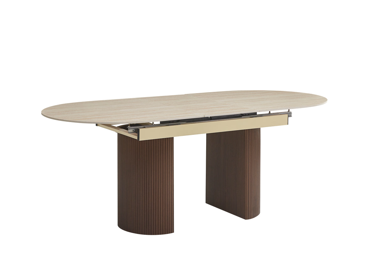 Table extensible Sahara – Pied effet noyer &amp; plateau céramique travertin mat