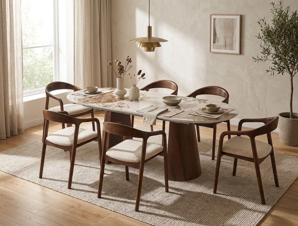 TABLE REPAS NEYA EXTENSIBLE PLATEAU CERAMIQUE BRUN PIEDS MDF EFFET