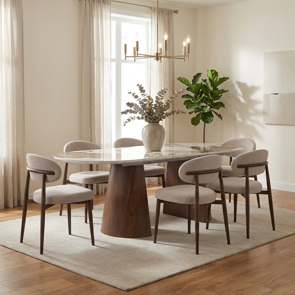 TABLE REPAS NEYA EXTENSIBLE PLATEAU CERAMIQUE BRUN PIEDS MDF EFFET