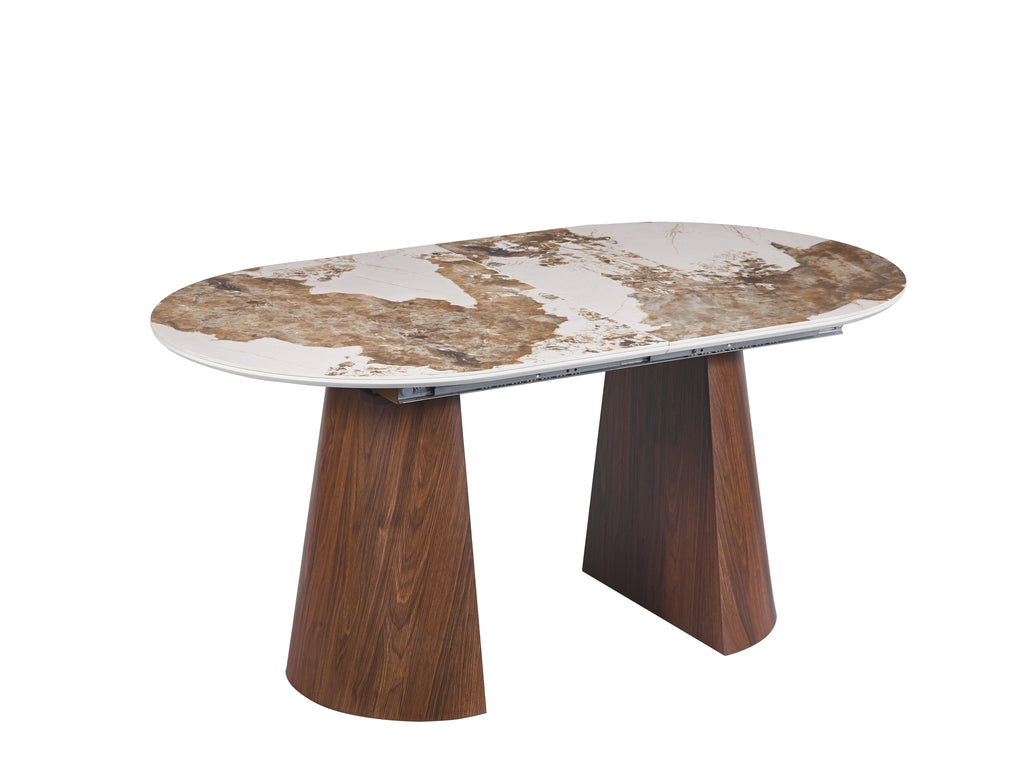 TABLE REPAS NEYA EXTENSIBLE PLATEAU CERAMIQUE BRUN PIEDS MDF EFFET