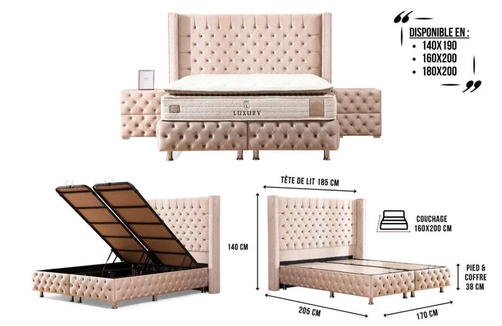 LIT COFFRE CLOUTE BEIGE 160