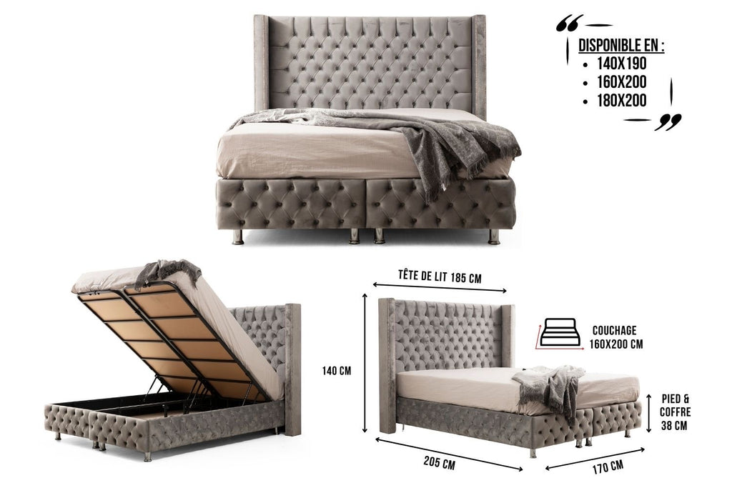 LIT COFFRE CLOUTÉ GRIS 140X190