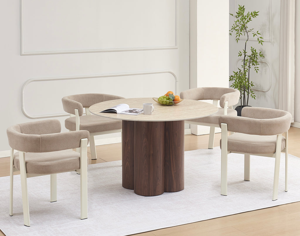 Table à manger HALO – Céramique effet travertin & pied noyer