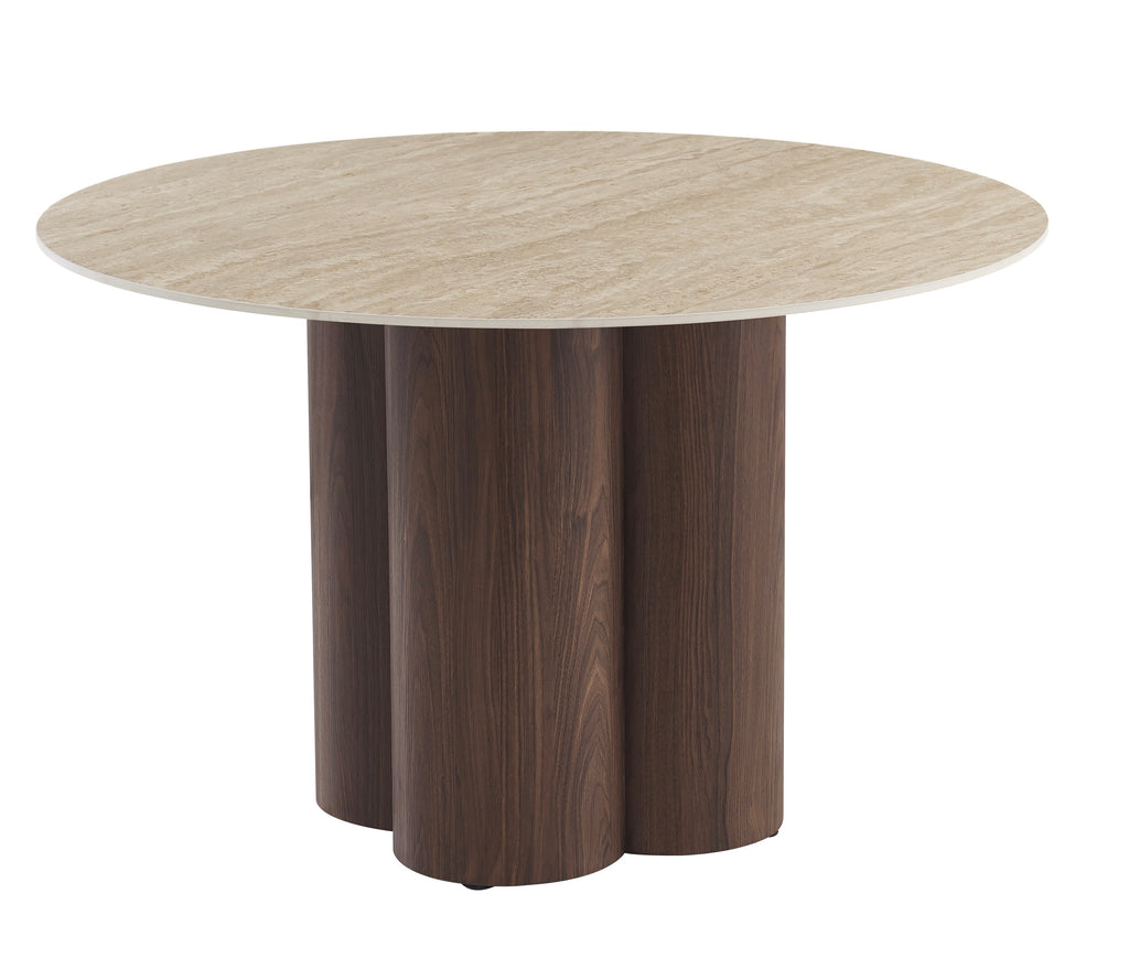 Table à manger HALO – Céramique effet travertin & pied noyer