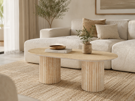 TABLE BASSE KEYSHA PIEDS EFFET TRAVERTIN CERAMIQUE BRILLANT