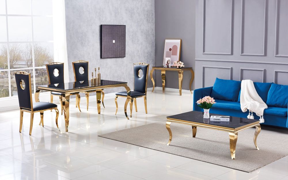 Console BAROQUE Gold plateau en verre 110x50x85 cm #couleur_marbré-noir