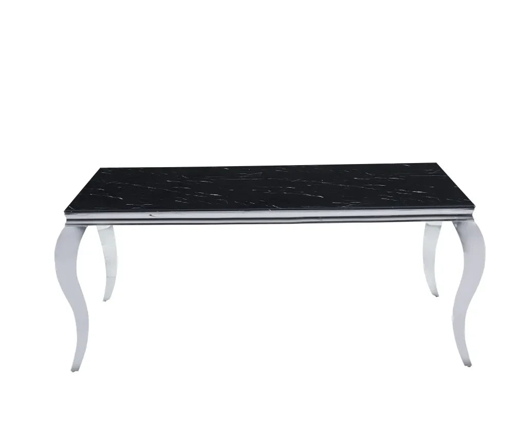 Table à manger BAROQUE 4 à 6 couverts pieds chrome plateau en verre 150x90 cm #couleur_marbré-noir