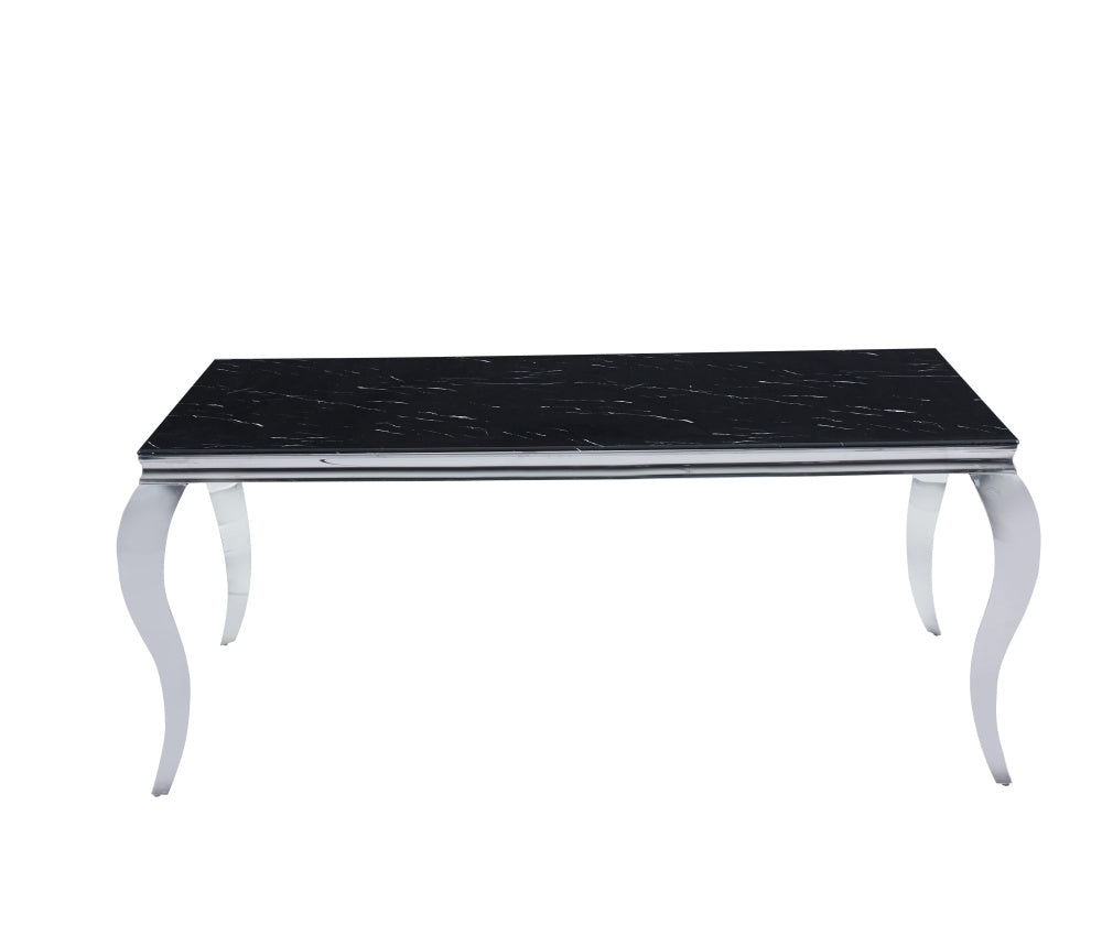 Table à manger BAROQUE 6 à 8 couverts pieds chrome plateau en verre 180x90 cm #couleur_marbré-noir