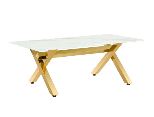 Table de repas IXE métal gold marbre blanc 180x90x75cm