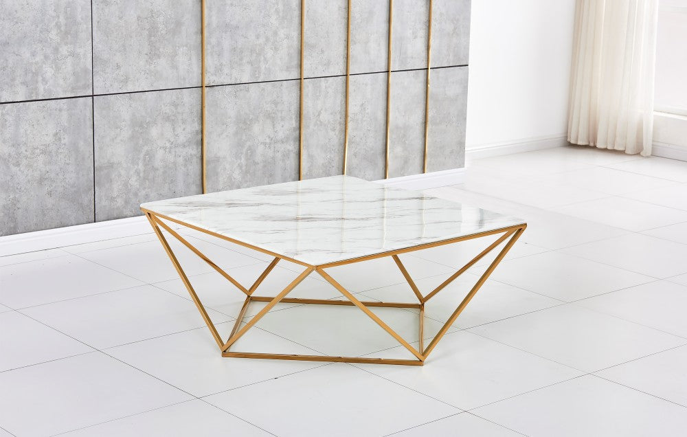 Table Basse carrée ALINA Gold XXL verre 100x100x45 cm #couleur_marbré-blanc