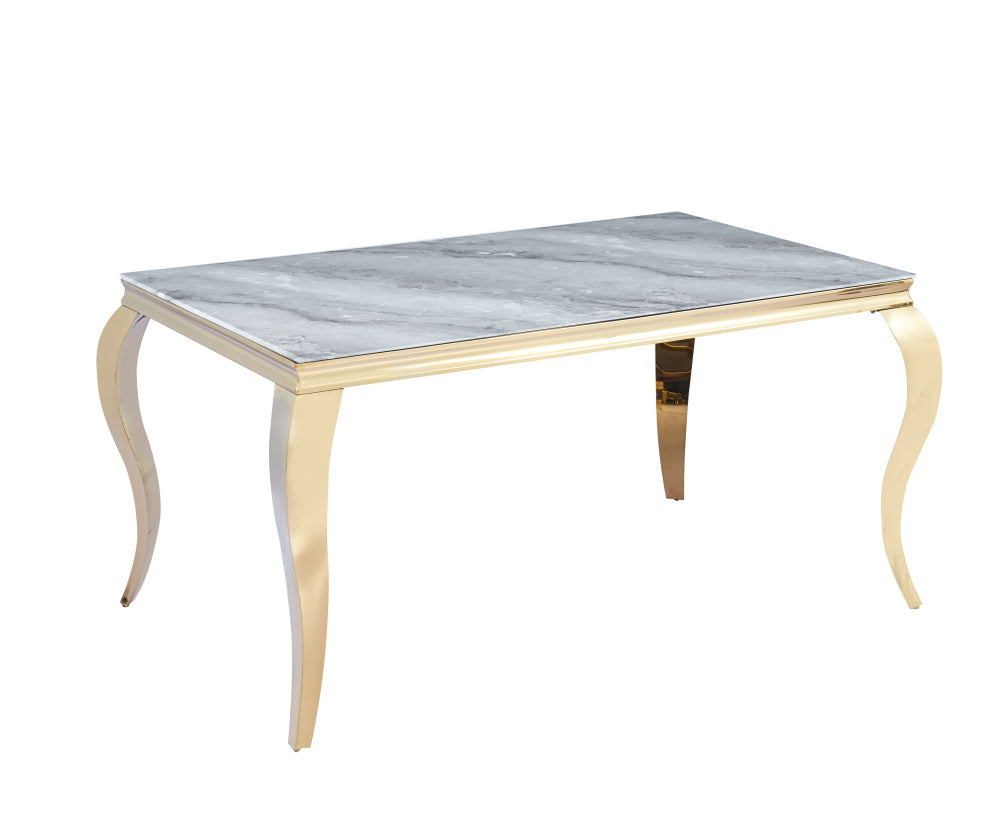 Table à manger BAROQUE 6 à 8 couverts pieds gold plateau en verre 180x90 cm #couleur_marbré-greige