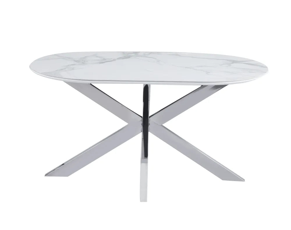 Table de repas MANON PIED CHROME PLATEAU CERAMIQUE MARBRE BLANC 150x90cm