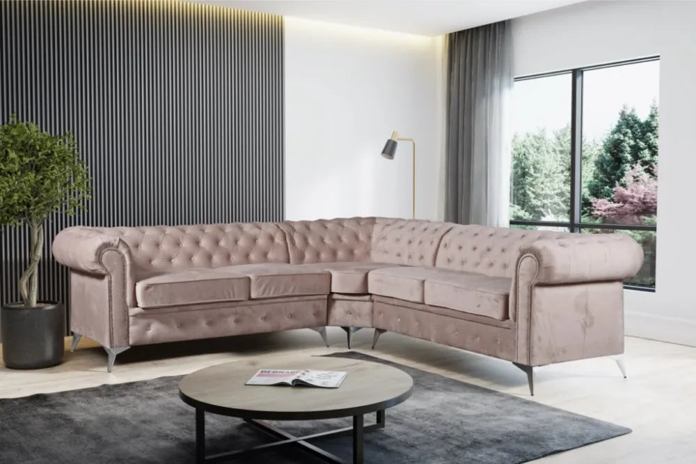 Canapé d'angle clouté TIFFANY velours BEIGE 263x263cm