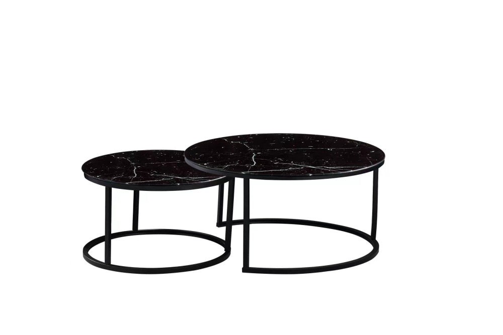 Lot de 2 tables Basses Gigogne ARTO métal noir et plateau en verre #couleur_marbré-noir