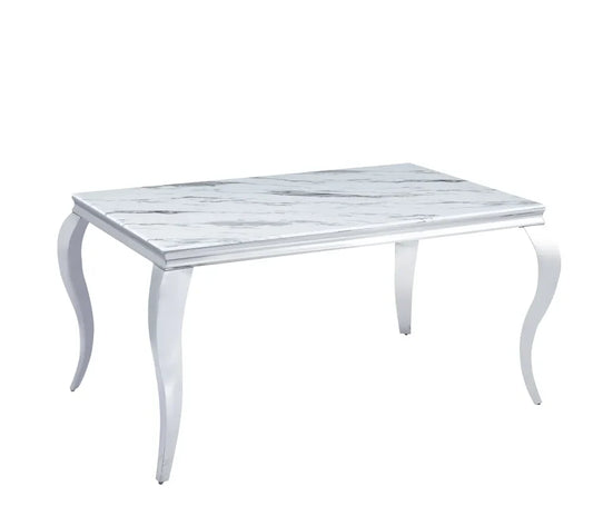 Table à manger BAROQUE 4 à 6 couverts pieds chrome plateau en verre 150x90 cm #couleur_marbré-blanc